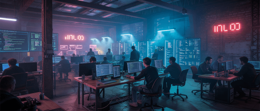 AI-generated image of programmers hard at work in an industrial warehouse setting