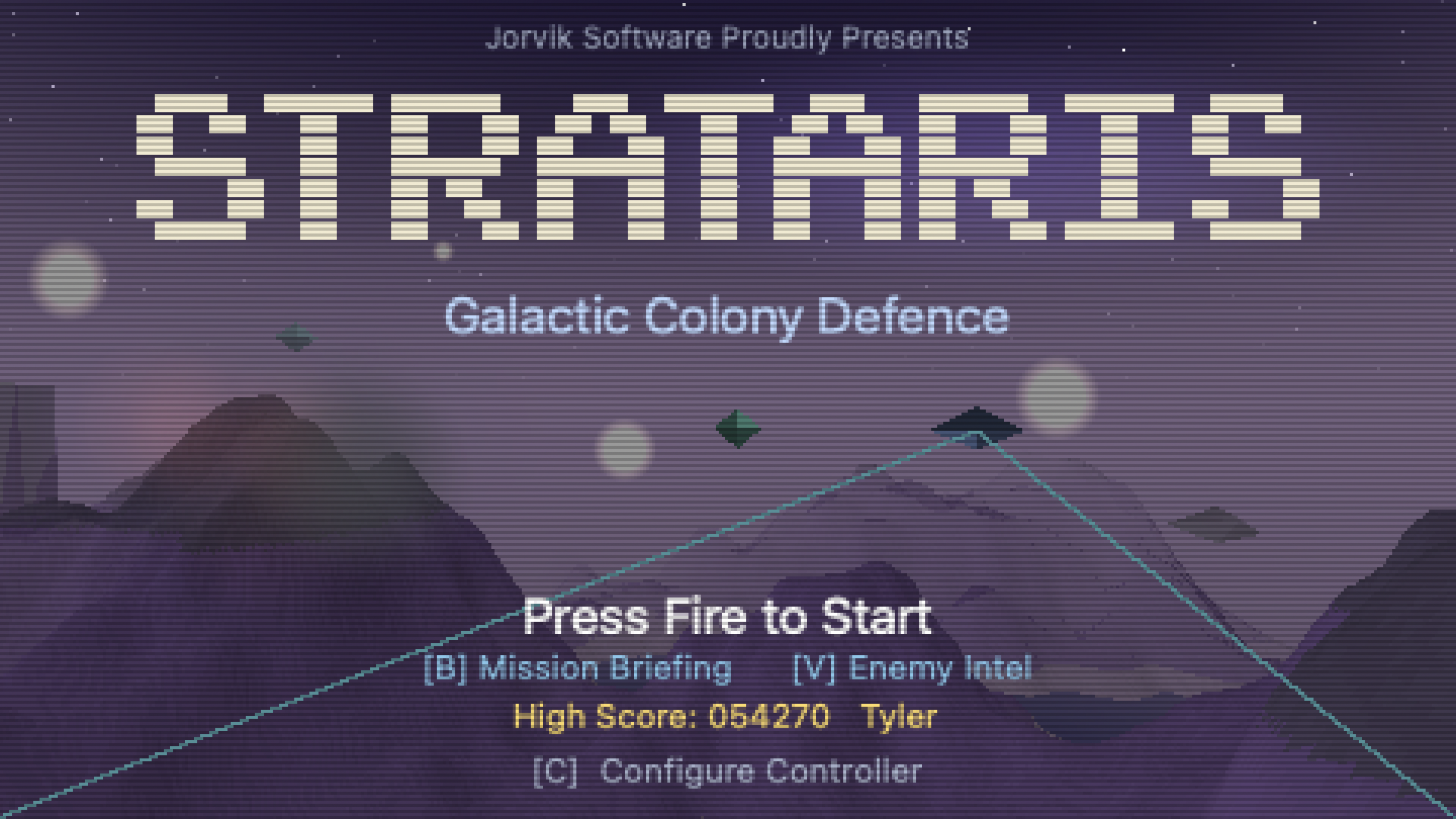 The title screen of my macOS game, Strataris