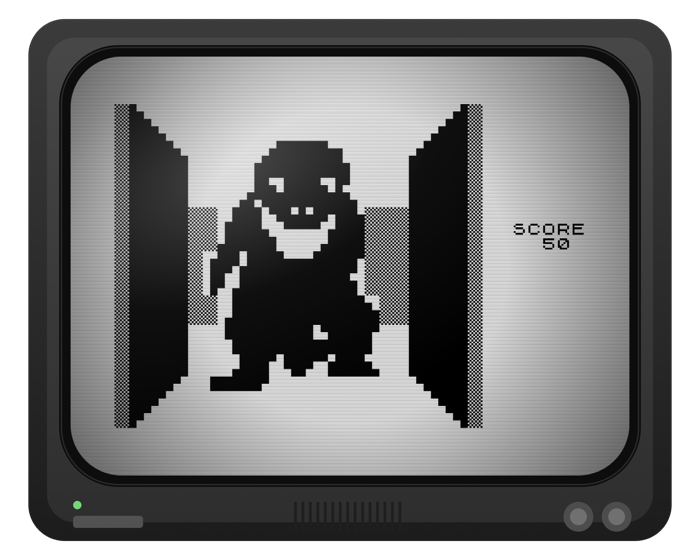 A black-and-white first-person view down a blocky maze corridor in 3D Monster Maze, with the Tyrannosaurus rex two steps away