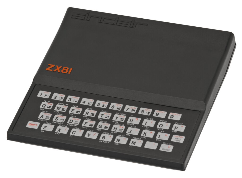 A Sinclair ZX81 — a small, flat, black wedge of a home computer with a printed membrane keyboard