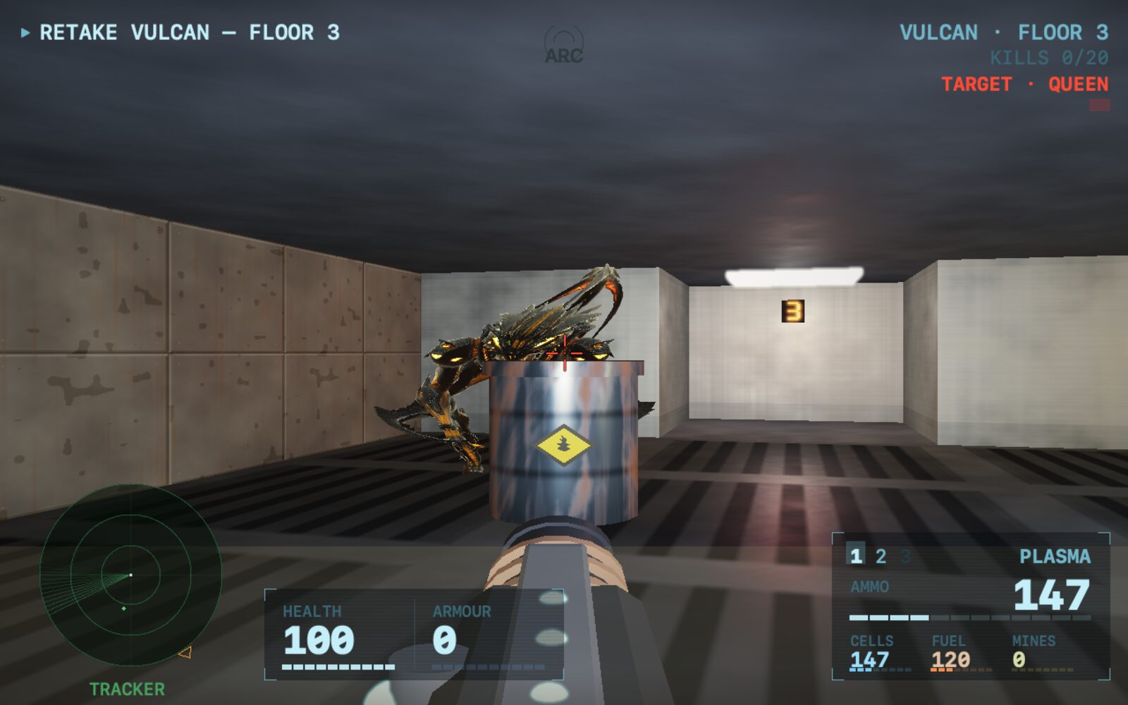 Combat in Citadel: a drone approaching past a fuel drum, seen through the helmet visor HUD