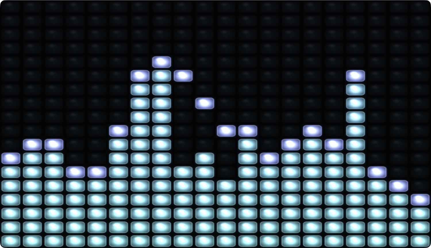 Ballast's Spectrum visualiser: a matrix of glassy, emissive LED segments forming a frequency analyser with slow-falling peak-hold caps.