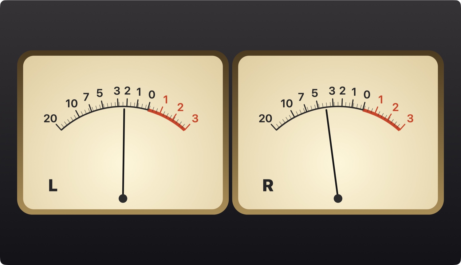 Ballast's VU Meters visualiser: a pair of analogue VU meters labelled L and R, with ballistic needles and a real numbered decibel scale on a brass-bevelled face.