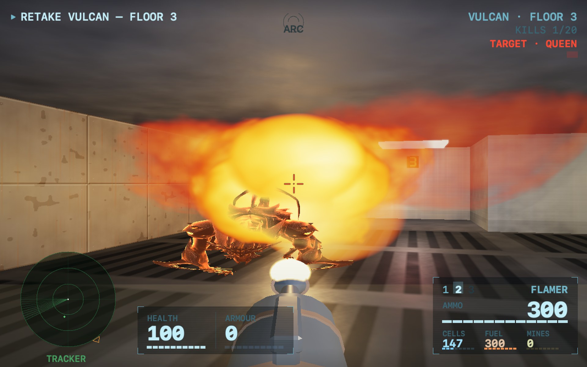 The flamethrower firing: a large orange fireball fills the corridor with a drone silhouetted inside it, the walls lit by the blaze.
