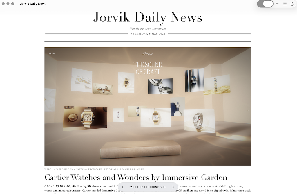 The front page of an edition: a dominant lead story, a masonry grid of secondary stories below, section pages signalled in the page indicator.
