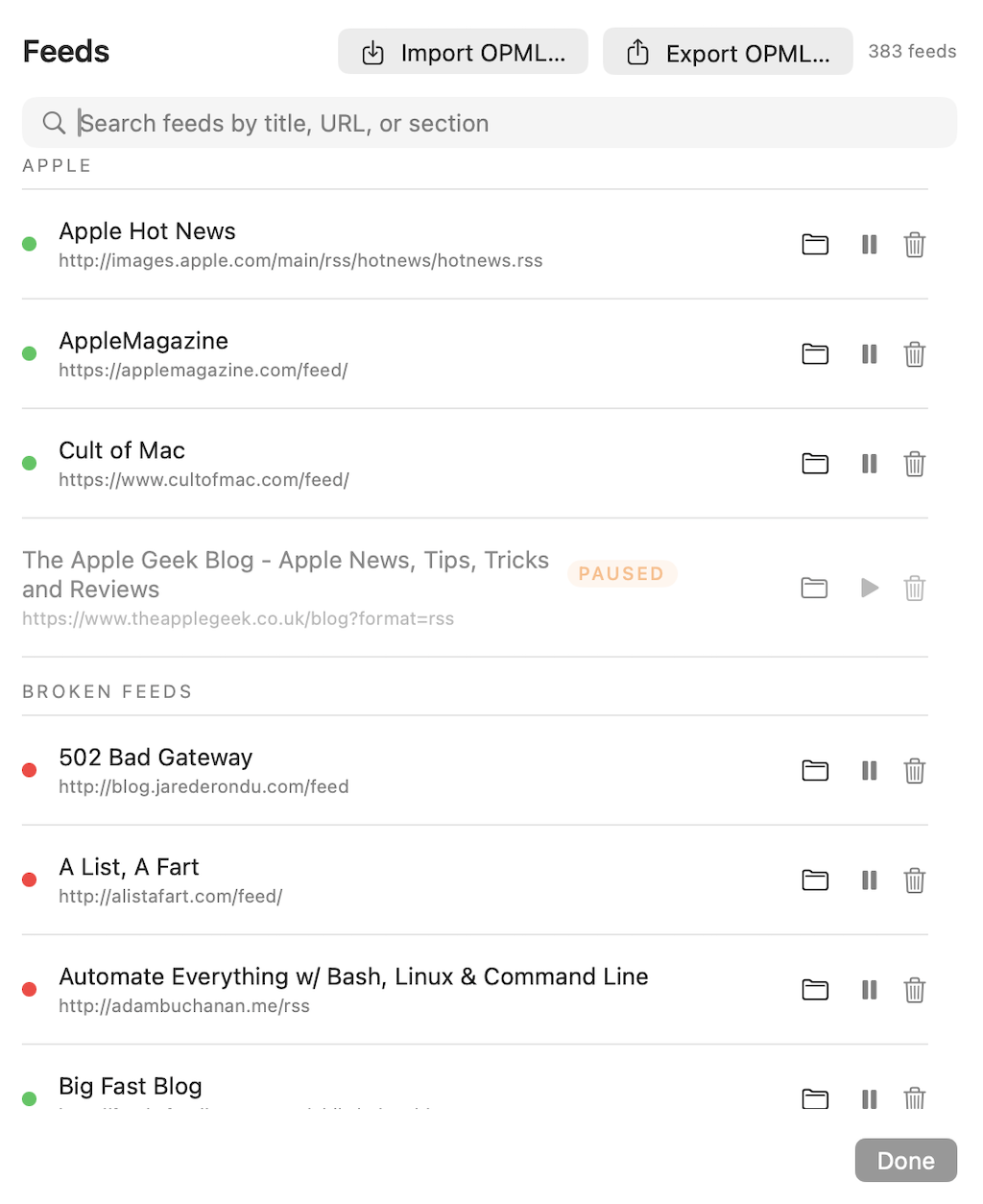 The Manage Feeds pane: feeds organised in sections with health pills, search bar, and OPML buttons.