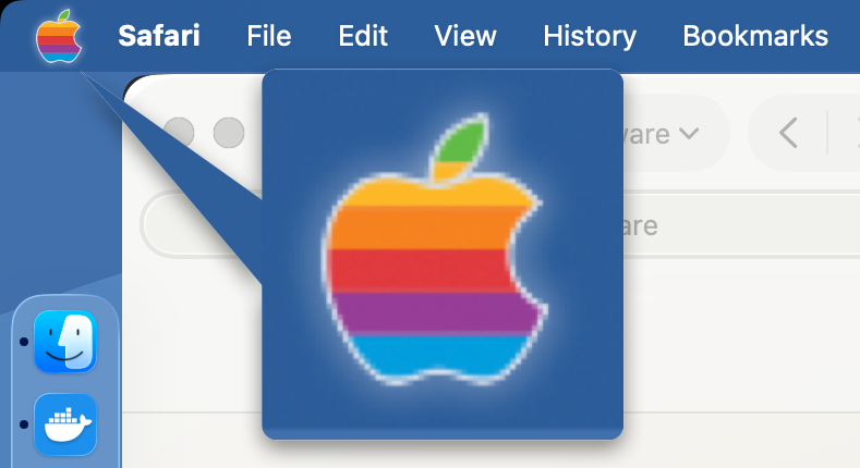 The rainbow Apple logo in the macOS menu bar at the top-left of the screen, sitting in place of the usual grey Apple icon.