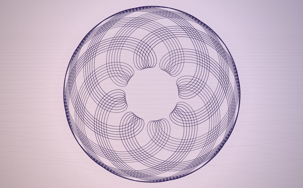 A Reverie composition: a deep-purple roulette curve drawn as a dense rosette on warm pastel-pink paper, with the faint sketched wavescape underneath.