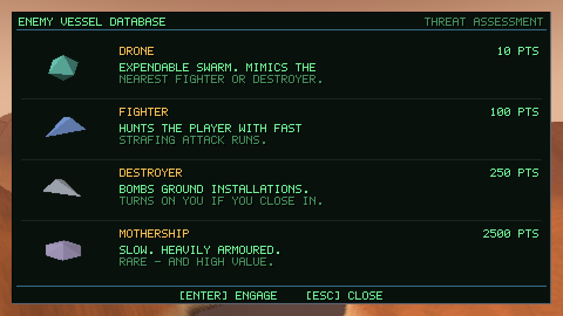 The enemy vessel database: rotating 3-D models of the drone, fighter, destroyer and mothership, each with a point value and threat description.