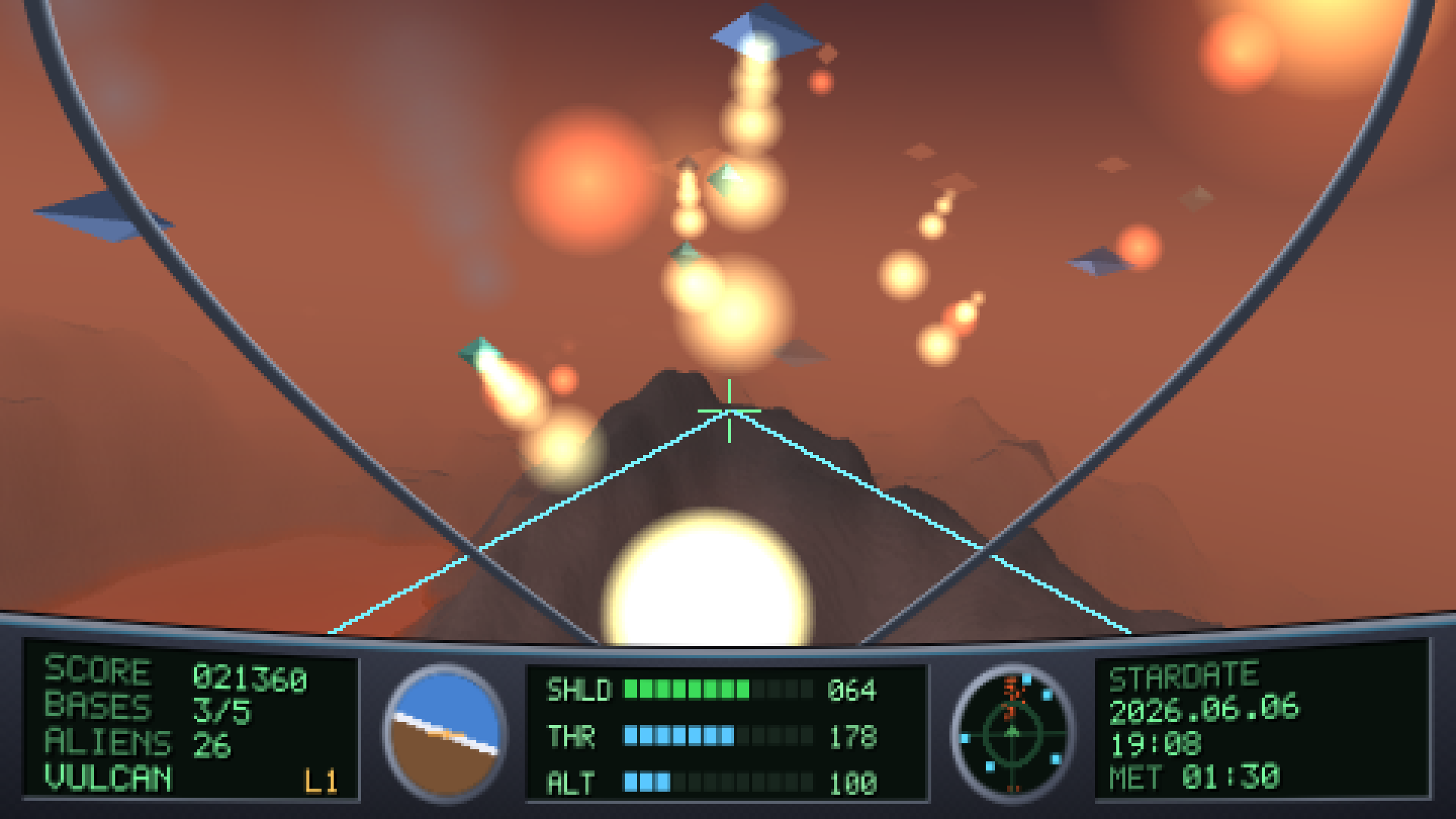 A firefight over the planet Vulcan: alien craft and tracer fire across an ash-orange sky, the cockpit dashboard glowing below.