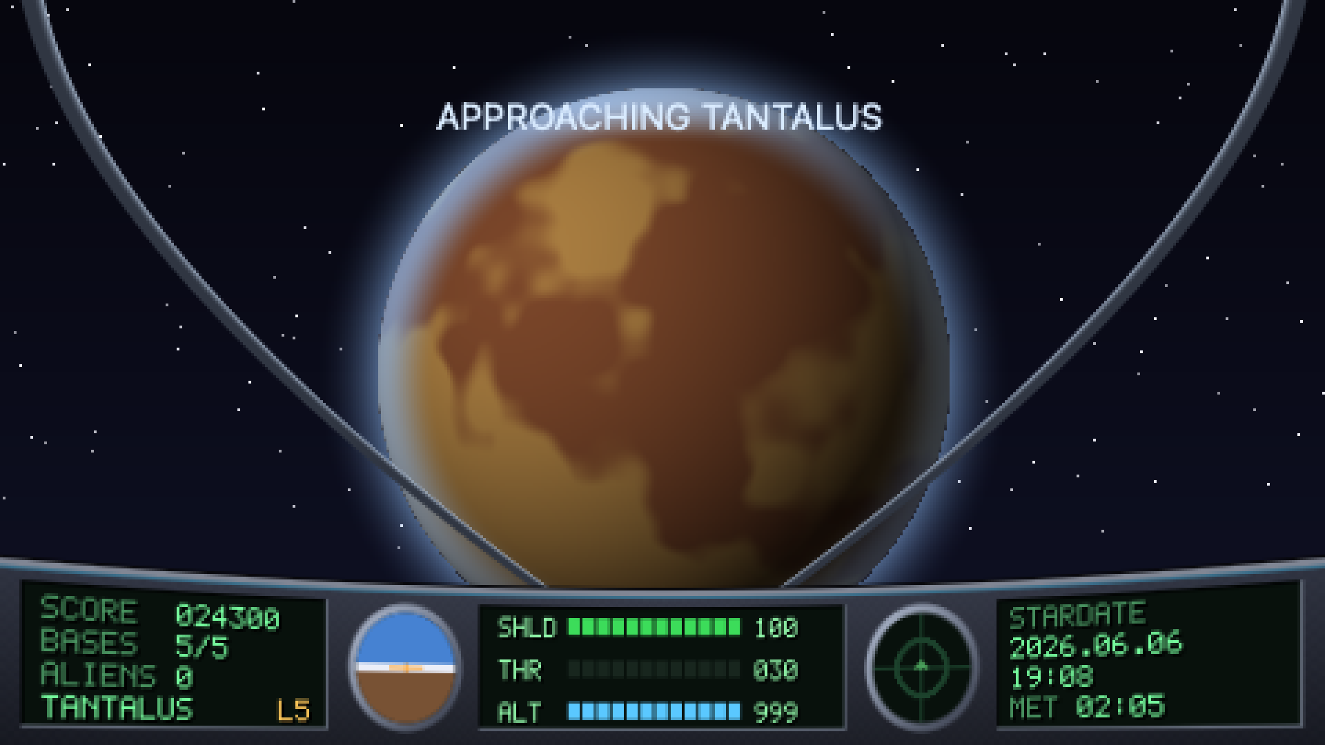 Warp approach: a gas-giant colony world fills the cockpit view against a starfield, the message APPROACHING TANTALUS overhead.